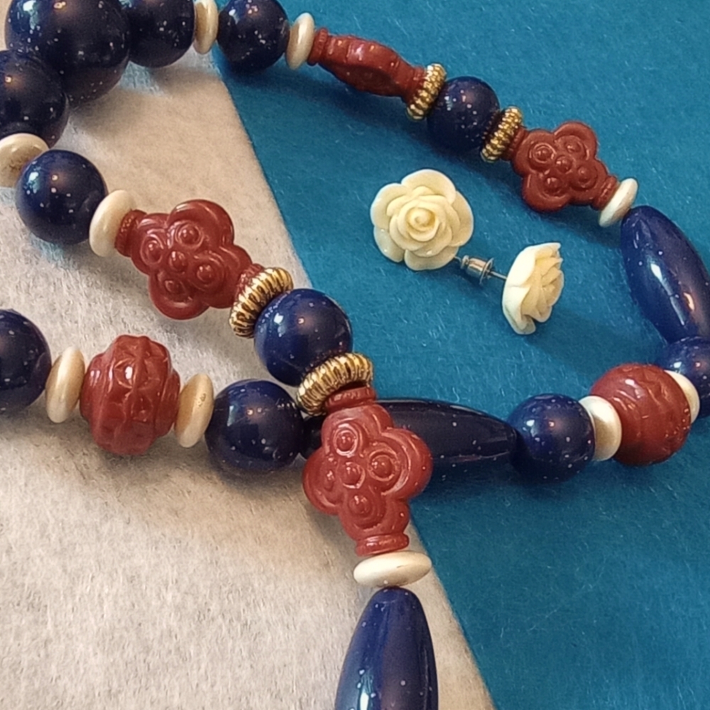 1989 Avon Navy & Burgundy Bead Necklace 30" AND Faux Celluloid Rose Post Earring